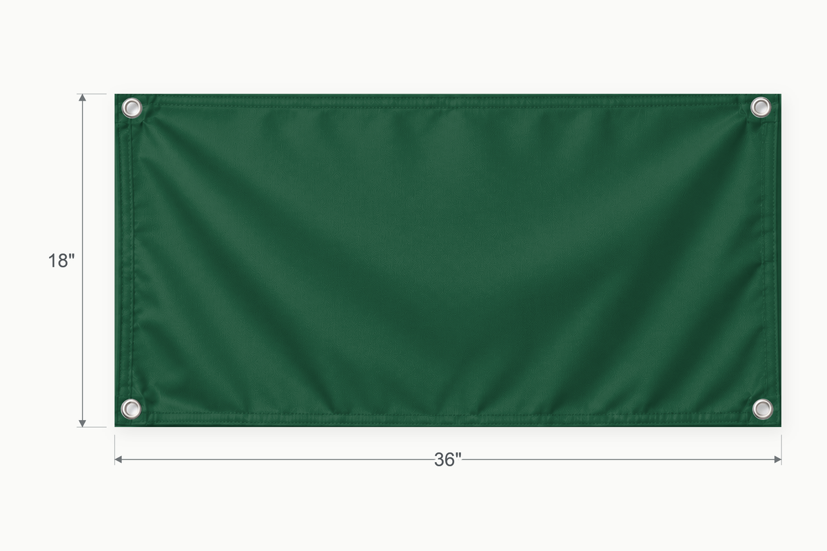 Forest Green fabric banner, 18 inches high by 36 inches wide, with labeled height and width measurement arrows.