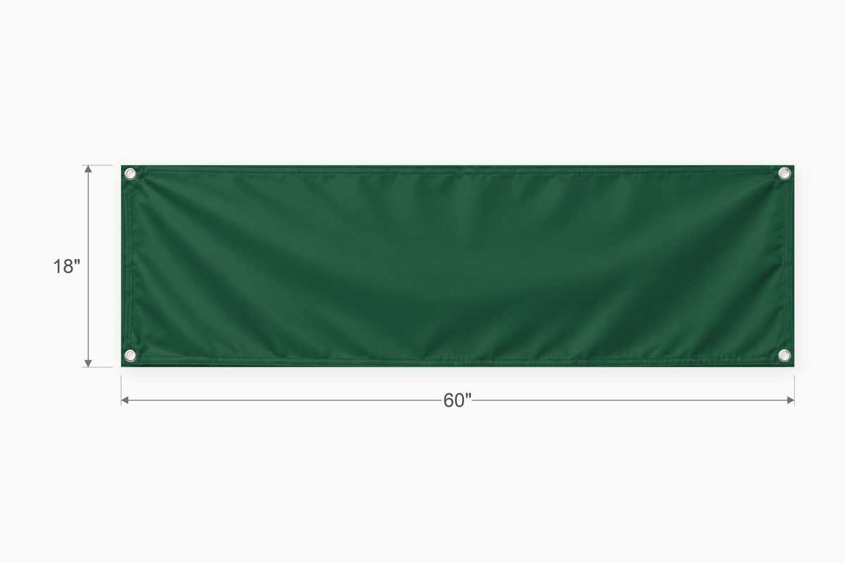 Forest Green fabric banner, 18 inches high by 60 inches wide, with labeled height and width measurement arrows.