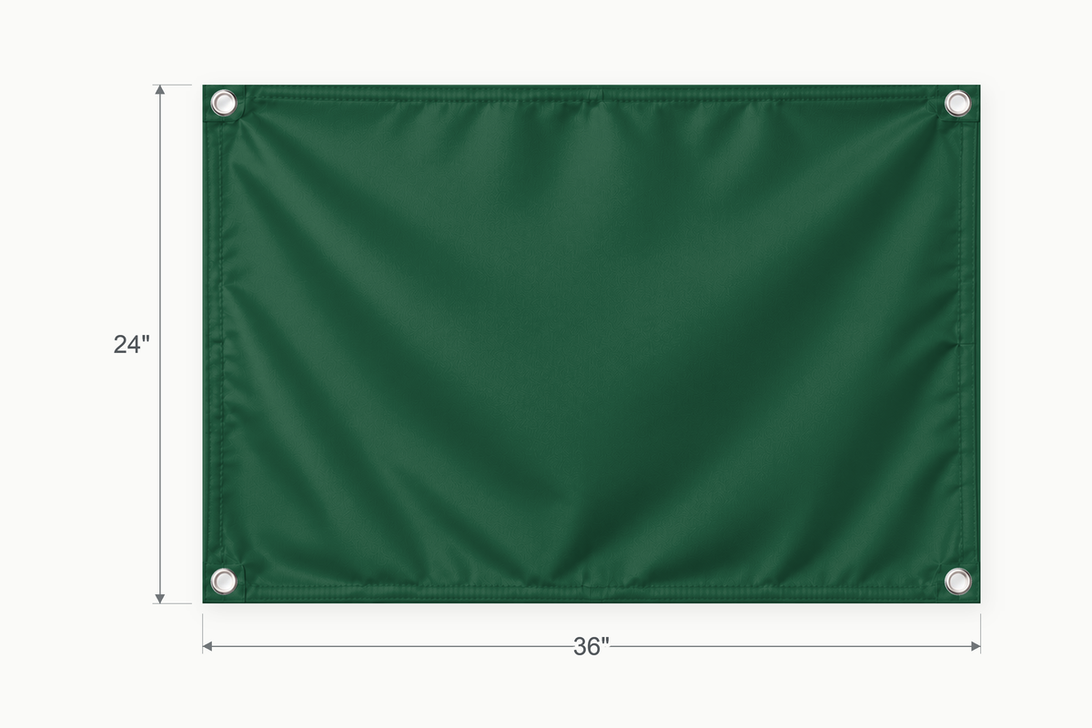 Forest Green fabric banner, 24 inches high by 36 inches wide, with labeled height and width measurement arrows.