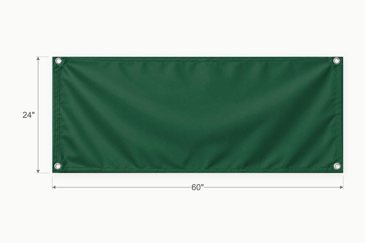 Forest Green fabric banner, 24 inches high by 60 inches wide, with labeled height and width measurement arrows.