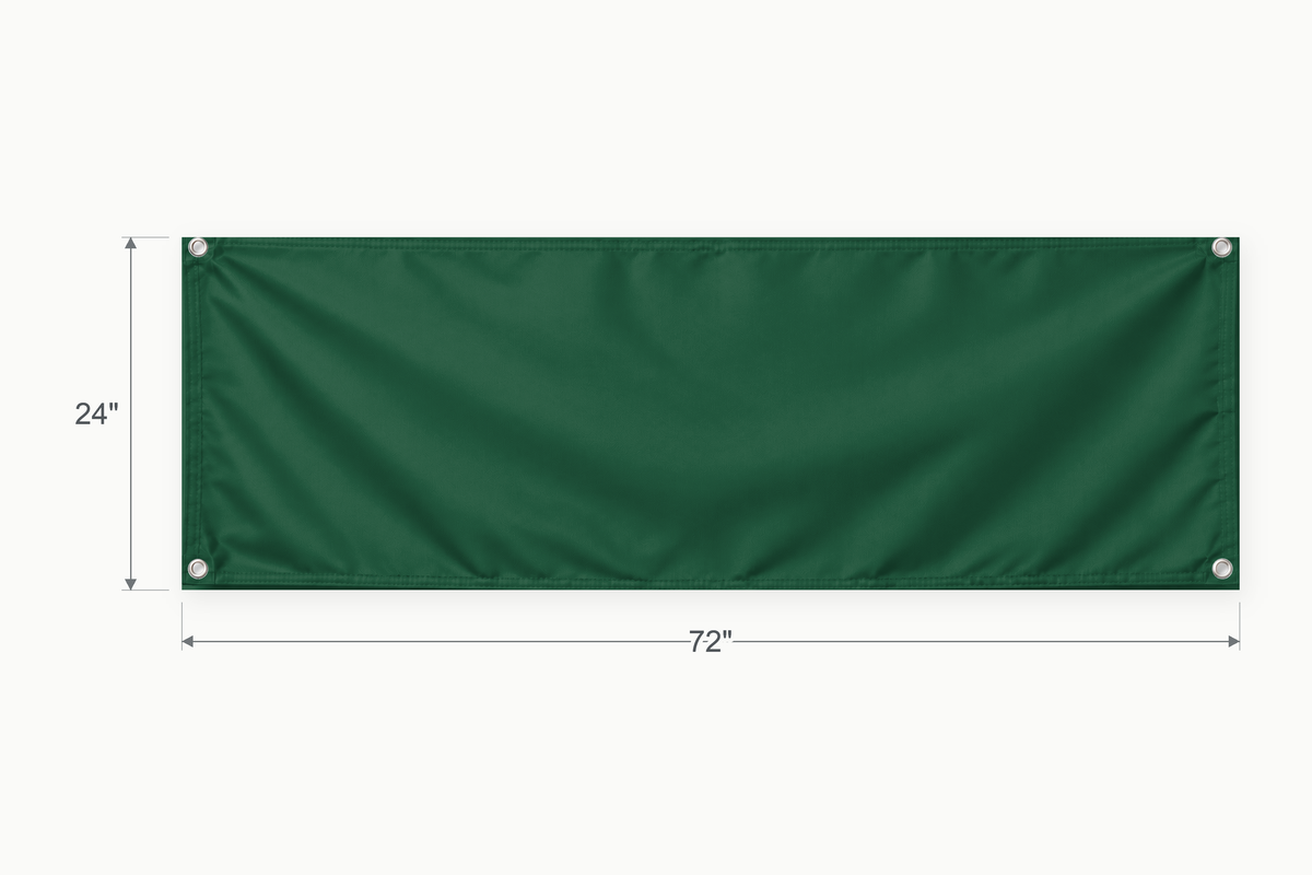 Forest Green fabric banner, 24 inches high by 72 inches wide, with labeled height and width measurement arrows.