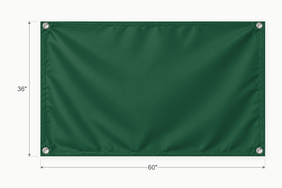 Forest Green fabric banner, 36 inches high by 60 inches wide, with labeled height and width measurement arrows.