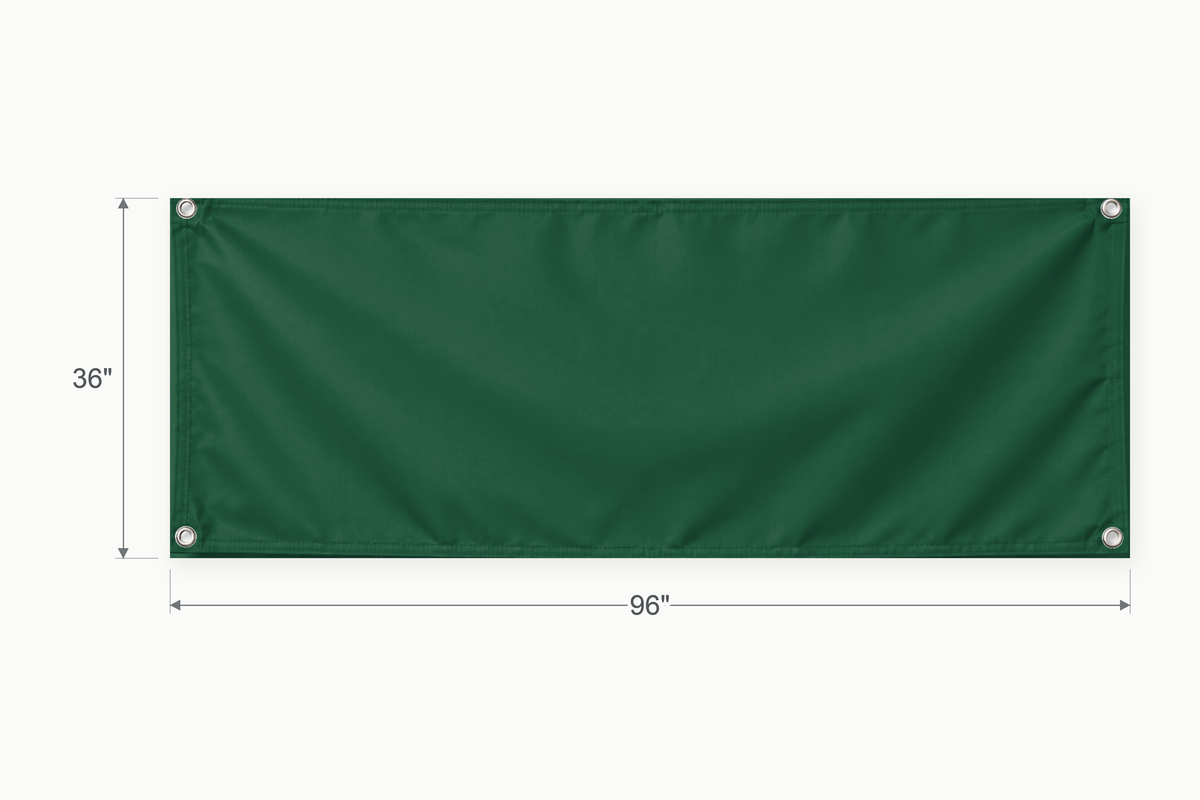 Forest Green fabric banner, 36 inches high by 96 inches wide, with labeled height and width measurement arrows.