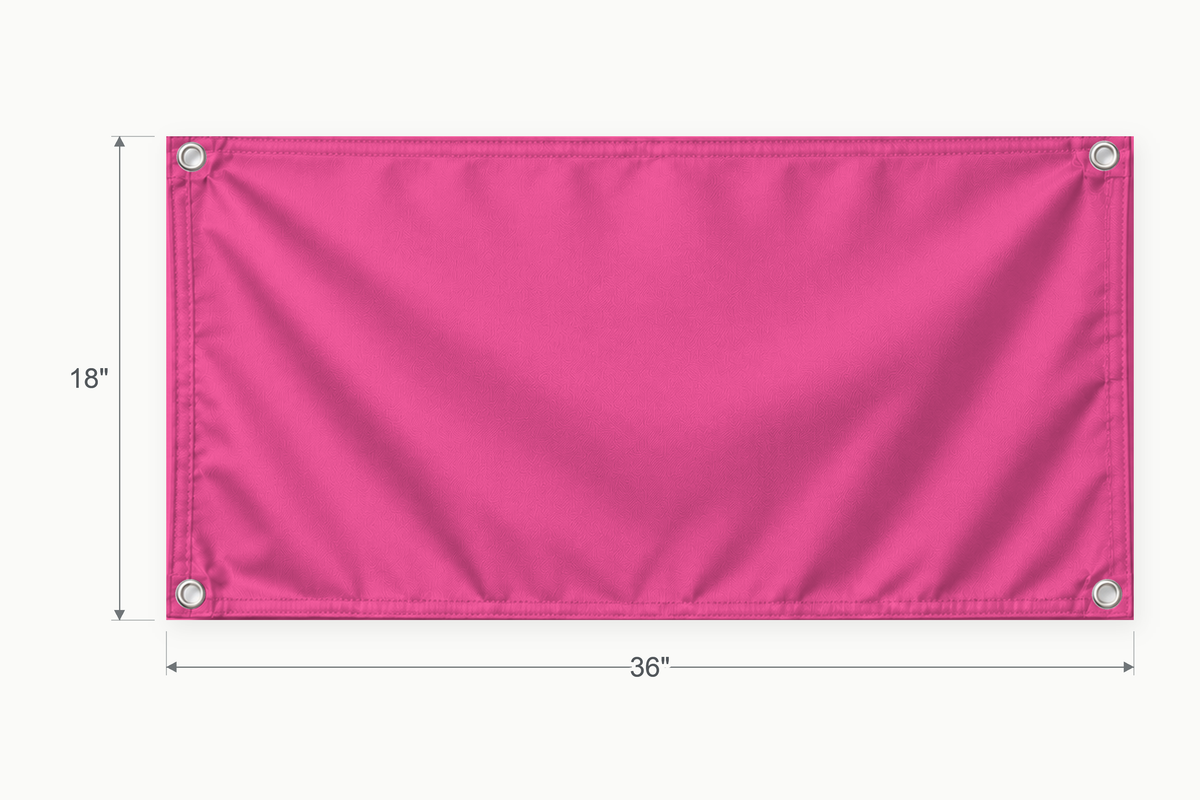 Hot Pink fabric banner, 18 inches high by 36 inches wide, with labeled height and width measurement arrows.