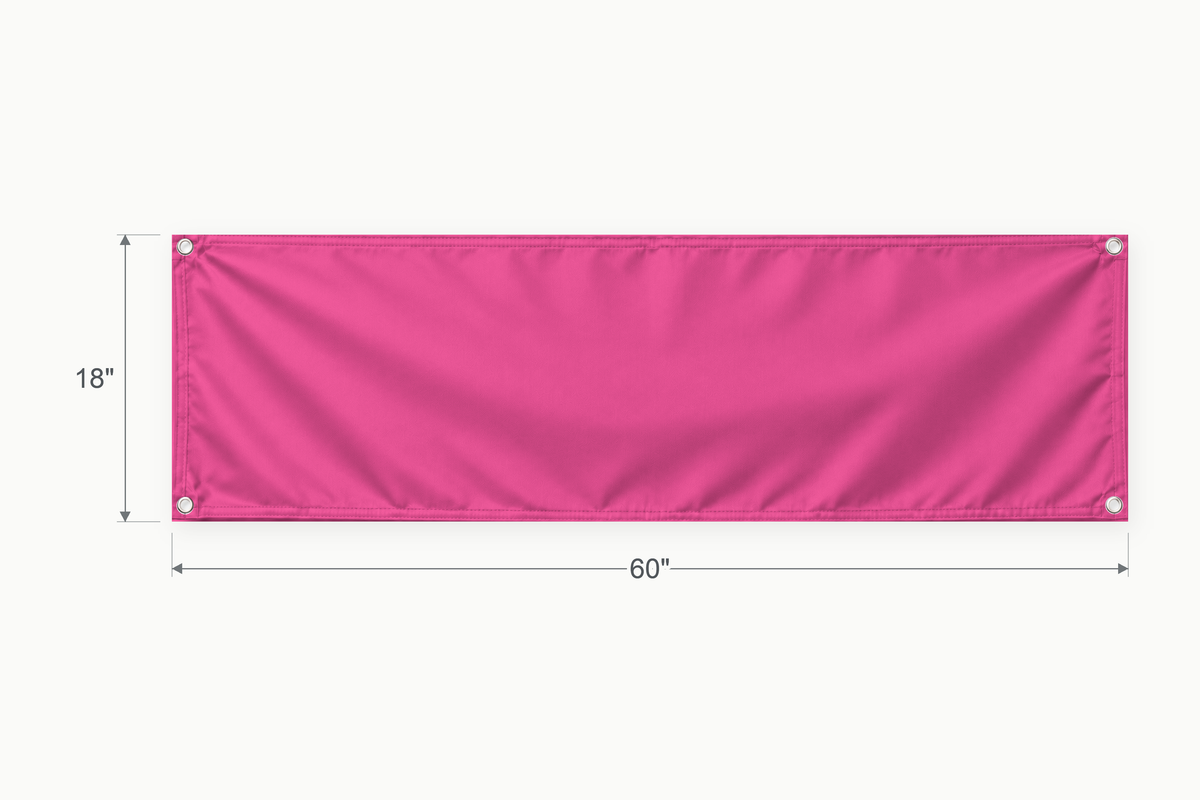 Hot Pink fabric banner, 18 inches high by 60 inches wide, with labeled height and width measurement arrows.