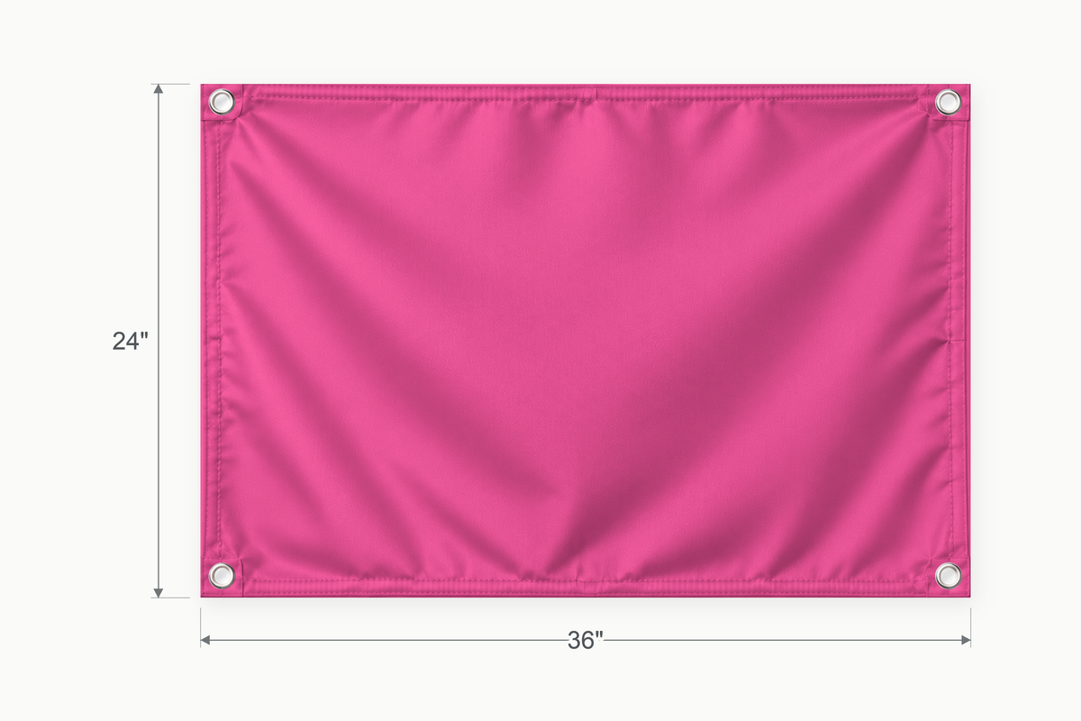 Hot Pink fabric banner, 24 inches high by 36 inches wide, with labeled height and width measurement arrows.