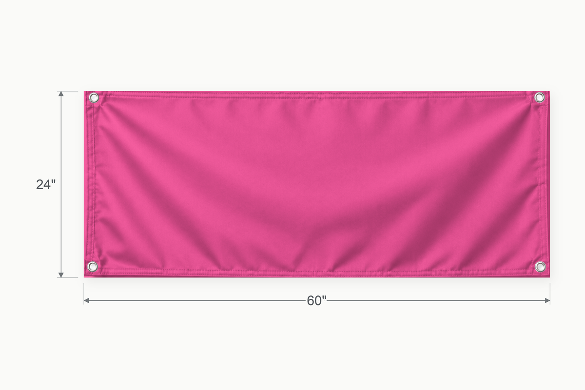 Hot Pink fabric banner, 24 inches high by 60 inches wide, with labeled height and width measurement arrows.
