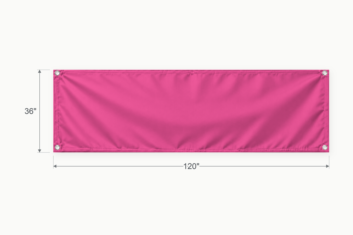 Hot Pink fabric banner, 36 inches high by 120 inches wide, with labeled height and width measurement arrows.