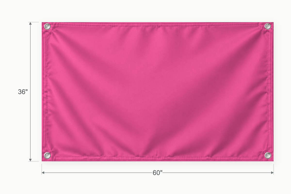 Hot Pink fabric banner, 36 inches high by 60 inches wide, with labeled height and width measurement arrows.