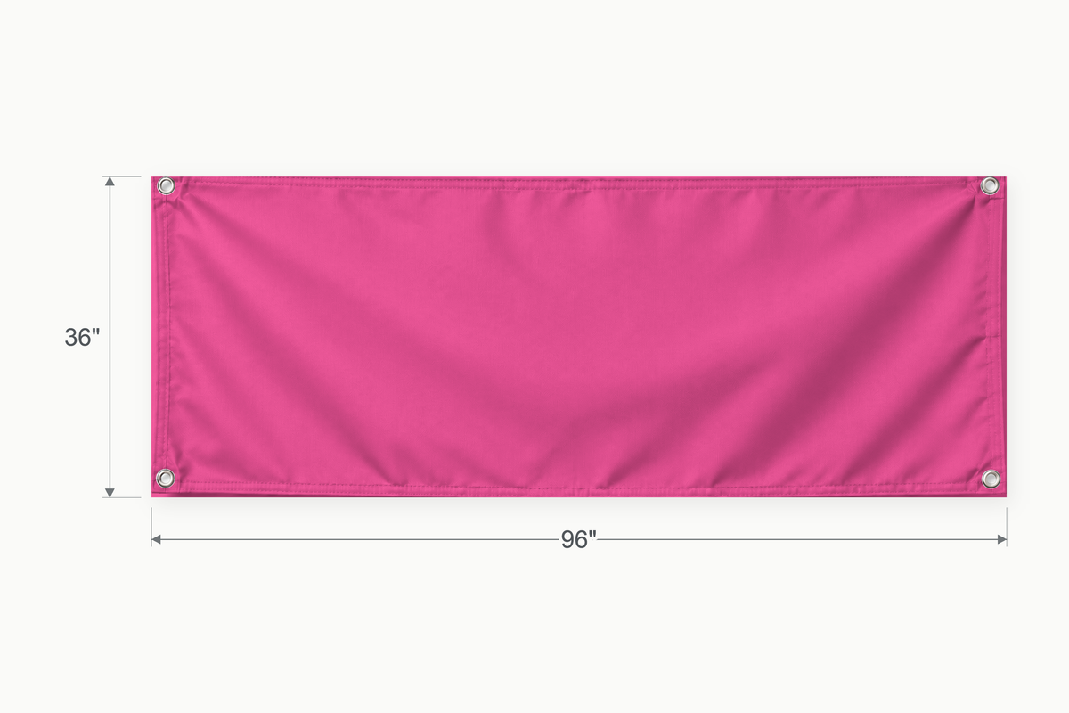 Hot Pink fabric banner, 36 inches high by 96 inches wide, with labeled height and width measurement arrows.