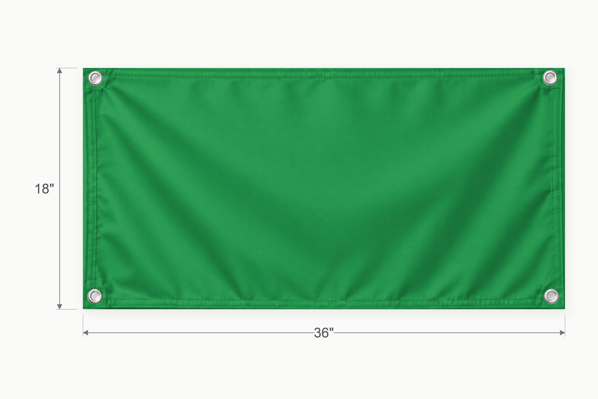 Kelly Green fabric banner, 18 inches high by 36 inches wide, with labeled height and width measurement arrows.