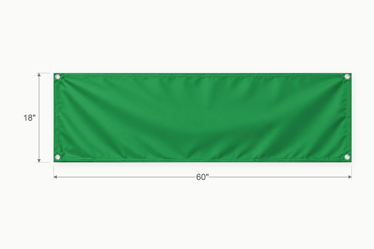 Kelly Green fabric banner, 18 inches high by 60 inches wide, with labeled height and width measurement arrows.