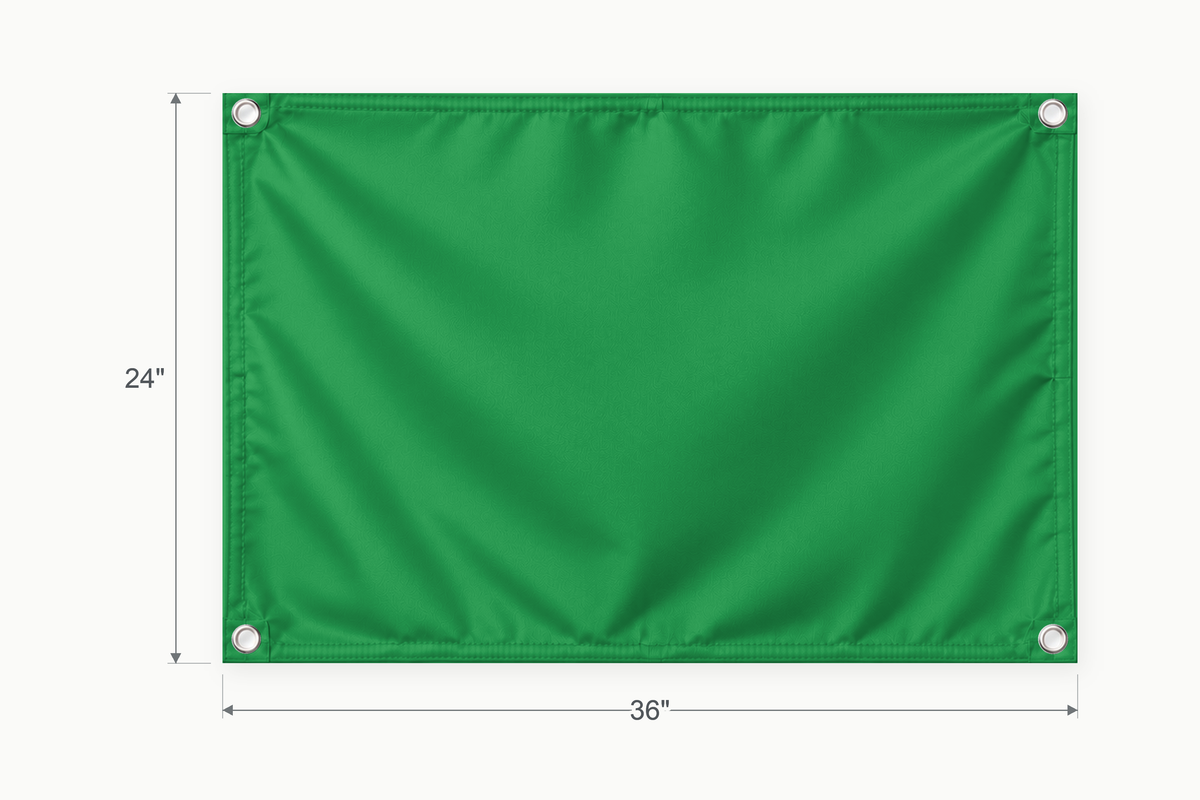 Kelly Green fabric banner, 24 inches high by 36 inches wide, with labeled height and width measurement arrows.