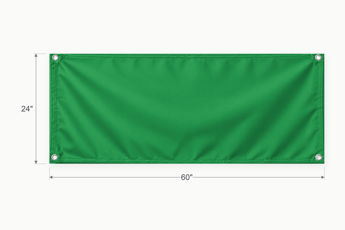 Kelly Green fabric banner, 24 inches high by 60 inches wide, with labeled height and width measurement arrows.
