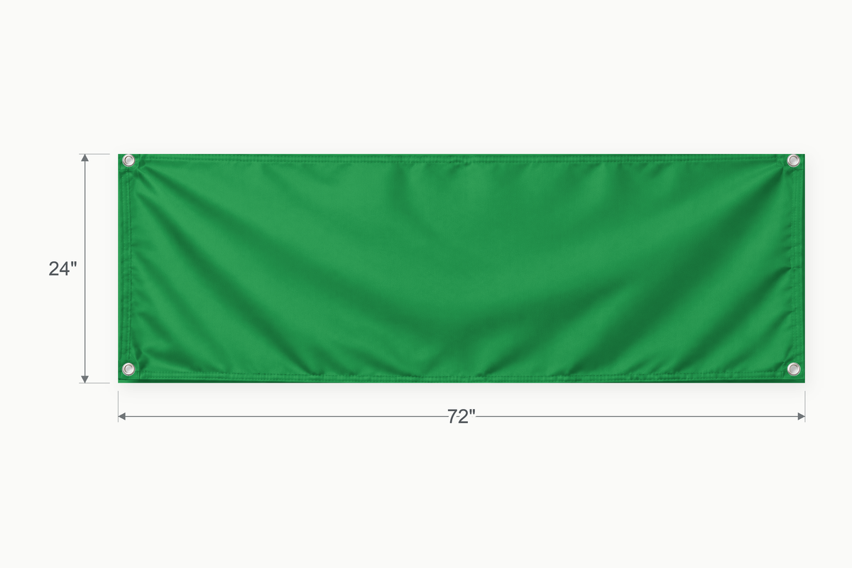 Kelly Green fabric banner, 24 inches high by 72 inches wide, with labeled height and width measurement arrows.