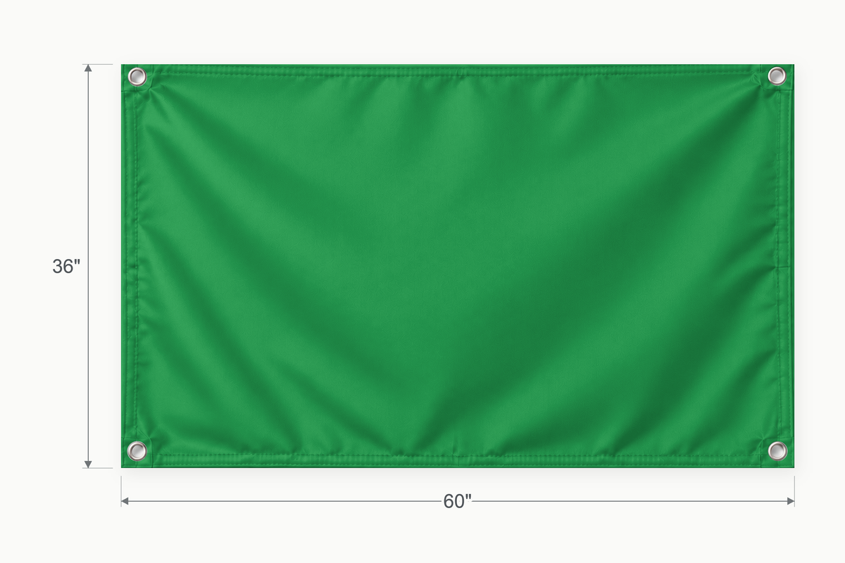 Kelly Green fabric banner, 36 inches high by 60 inches wide, with labeled height and width measurement arrows.