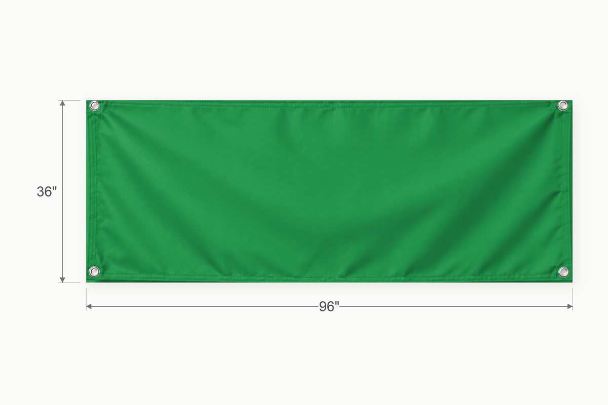 Kelly Green fabric banner, 36 inches high by 96 inches wide, with labeled height and width measurement arrows.
