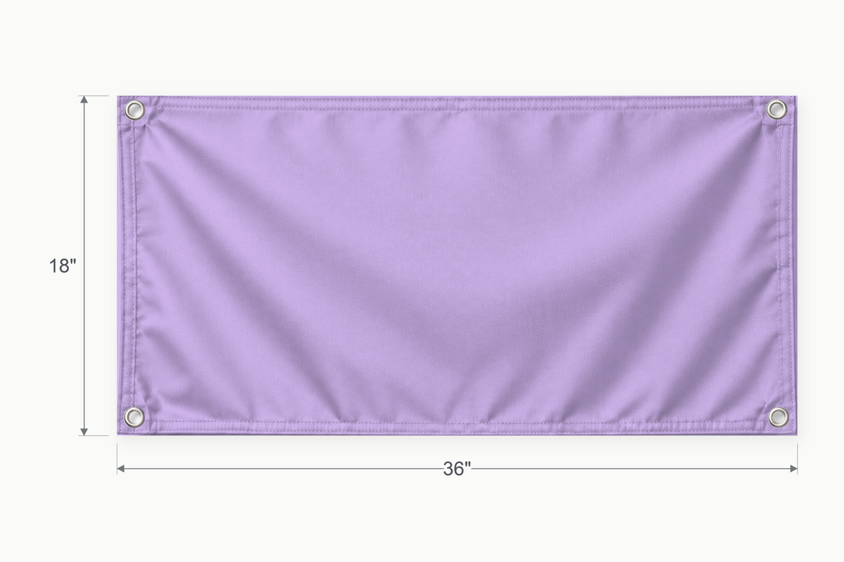 Lavender fabric banner, 18 inches high by 36 inches wide, with labeled height and width measurement arrows.