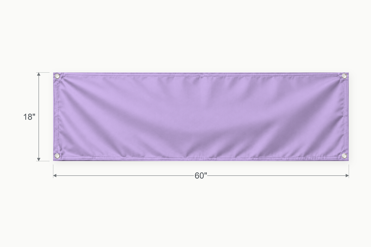 Lavender fabric banner, 18 inches high by 60 inches wide, with labeled height and width measurement arrows.