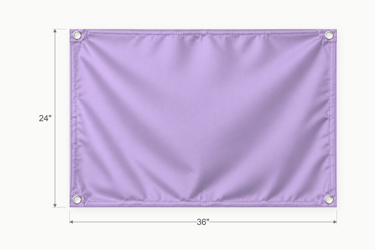 Lavender fabric banner, 24 inches high by 36 inches wide, with labeled height and width measurement arrows.