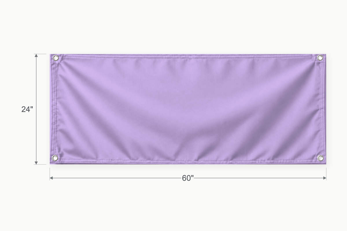 Lavender fabric banner, 24 inches high by 60 inches wide, with labeled height and width measurement arrows.