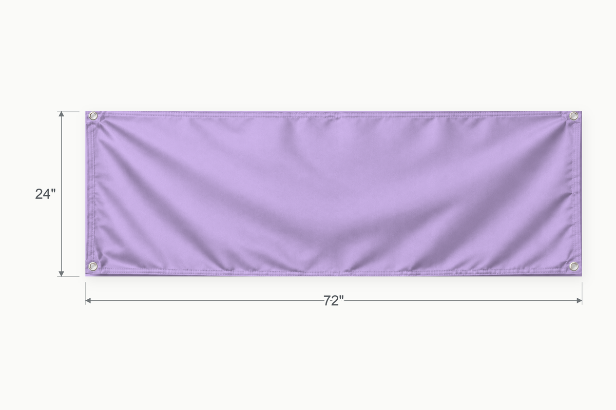 Lavender fabric banner, 24 inches high by 72 inches wide, with labeled height and width measurement arrows.