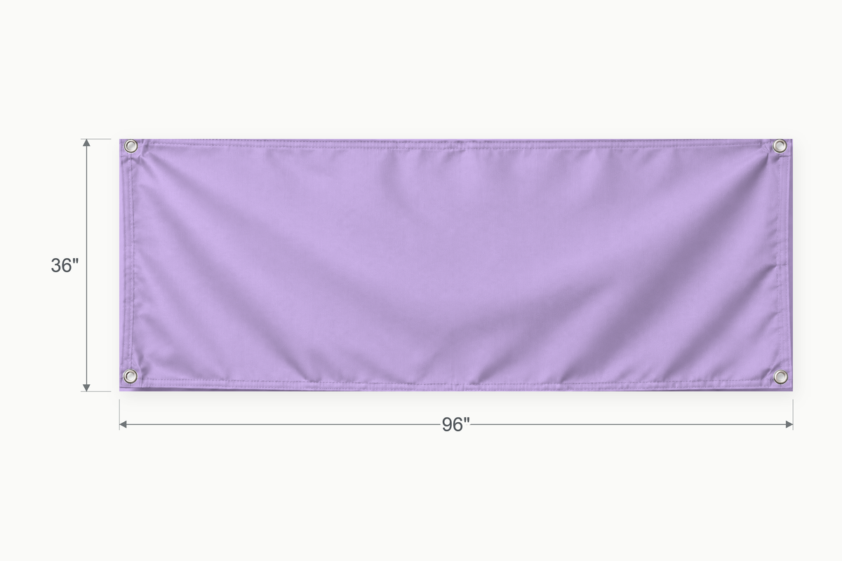 Lavender fabric banner, 36 inches high by 96 inches wide, with labeled height and width measurement arrows.