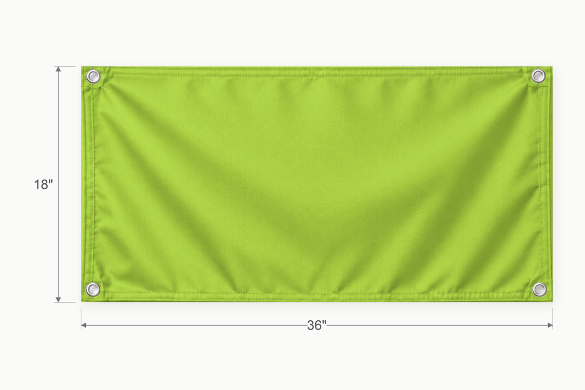 Lime Green fabric banner, 18 inches high by 36 inches wide, with labeled height and width measurement arrows.