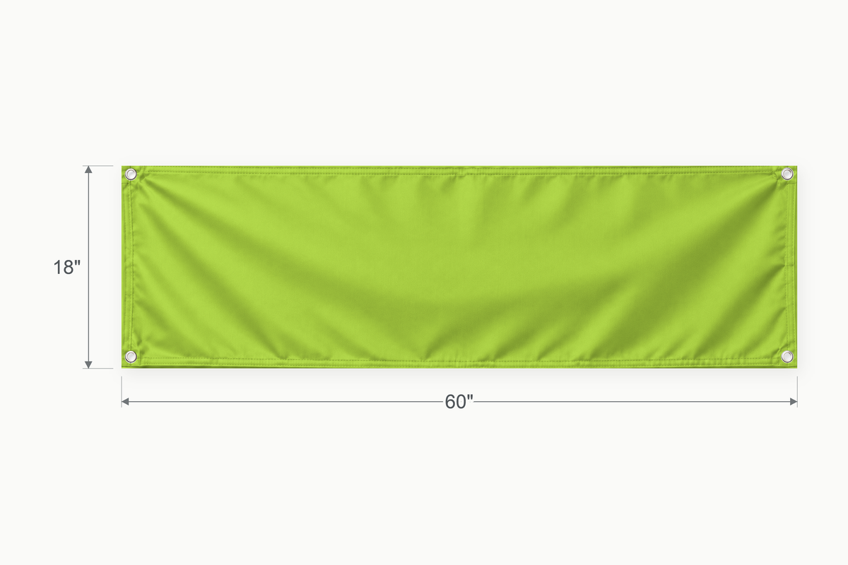 Lime Green fabric banner, 18 inches high by 60 inches wide, with labeled height and width measurement arrows.