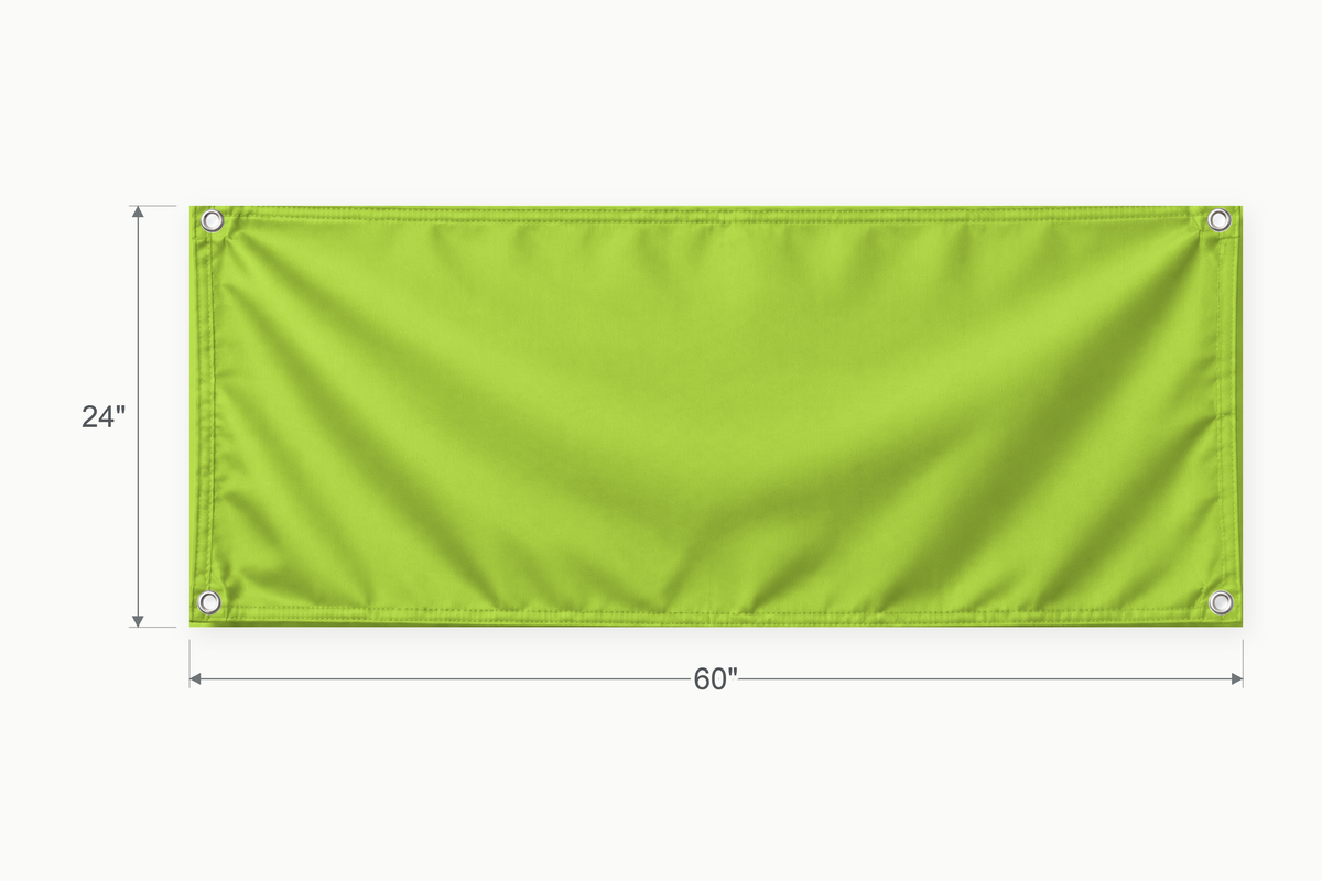 Lime Green fabric banner, 24 inches high by 60 inches wide, with labeled height and width measurement arrows.