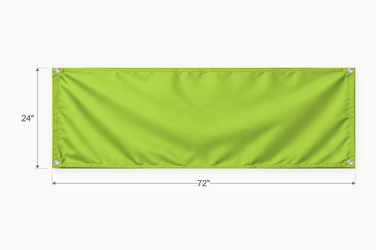 Lime Green fabric banner, 24 inches high by 72 inches wide, with labeled height and width measurement arrows.