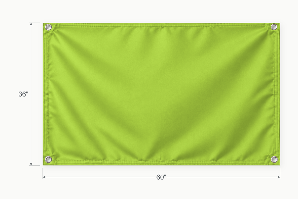 Lime Green fabric banner, 36 inches high by 60 inches wide, with labeled height and width measurement arrows.