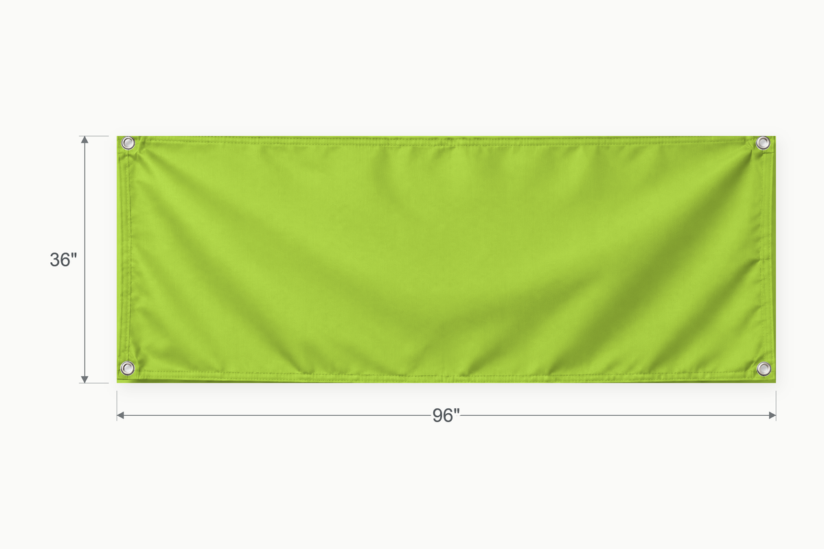 Lime Green fabric banner, 36 inches high by 96 inches wide, with labeled height and width measurement arrows.