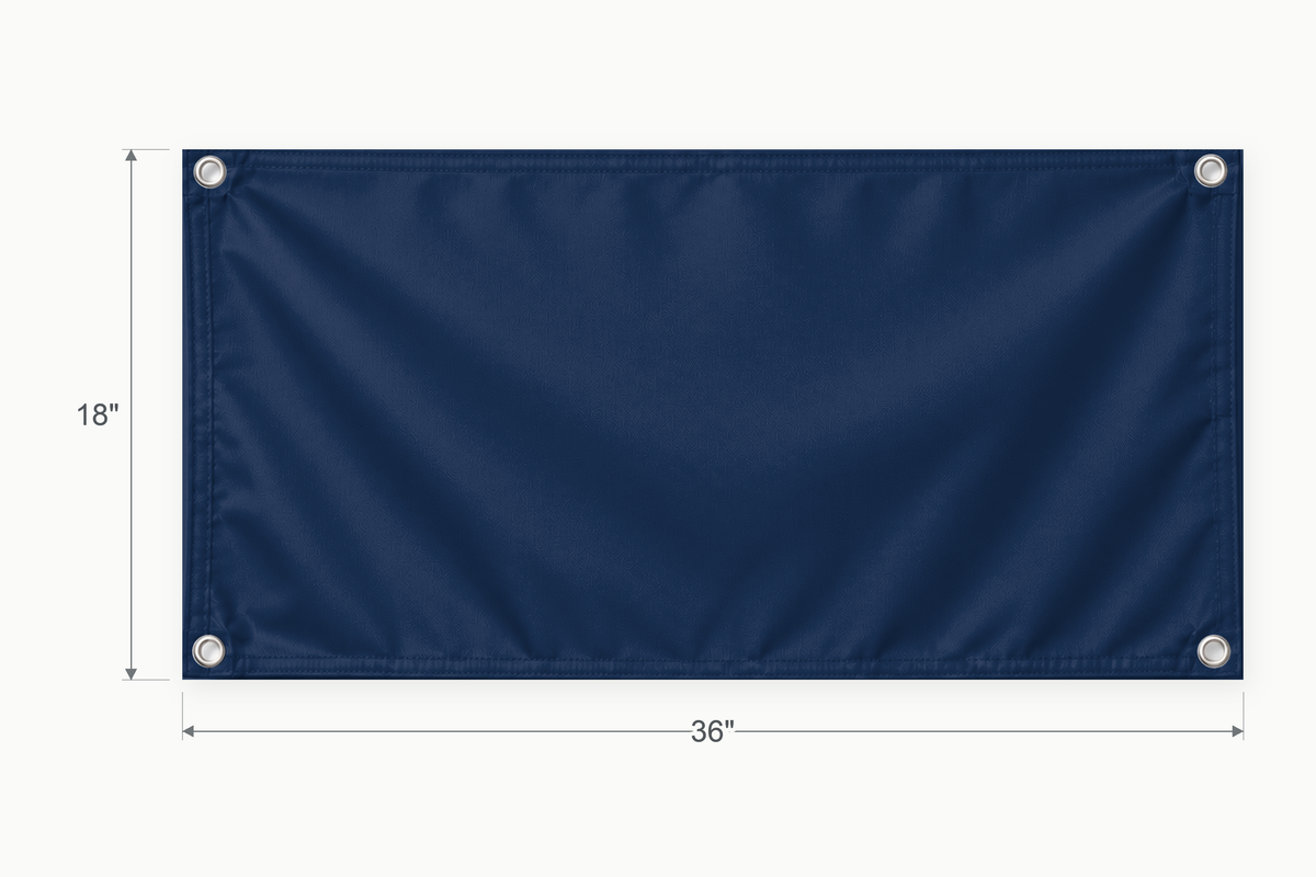 Navy fabric banner, 18 inches high by 36 inches wide, with labeled height and width measurement arrows.