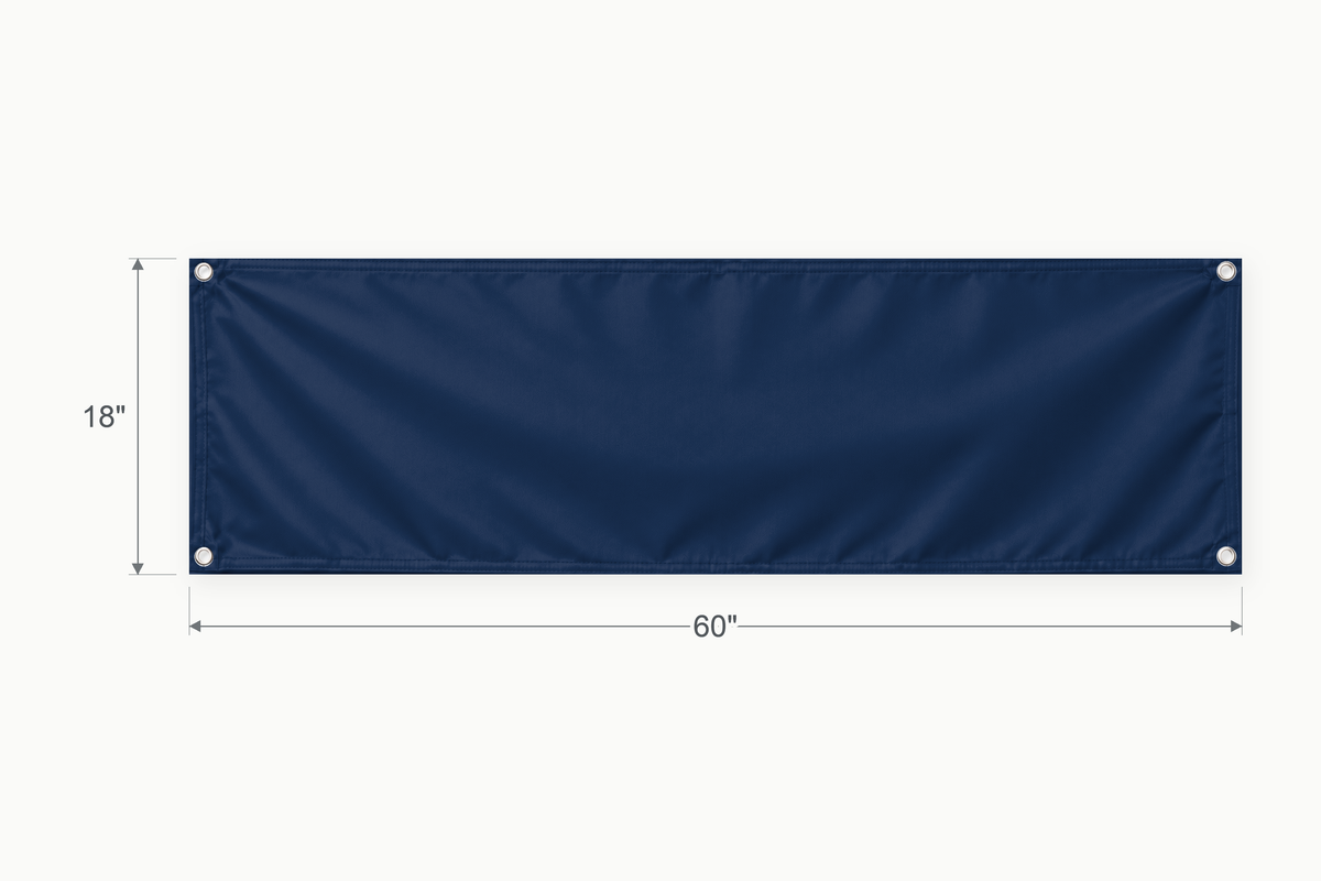 Navy fabric banner, 18 inches high by 60 inches wide, with labeled height and width measurement arrows.