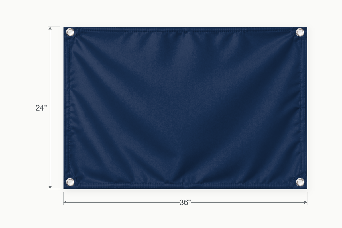 Navy fabric banner, 24 inches high by 36 inches wide, with labeled height and width measurement arrows.