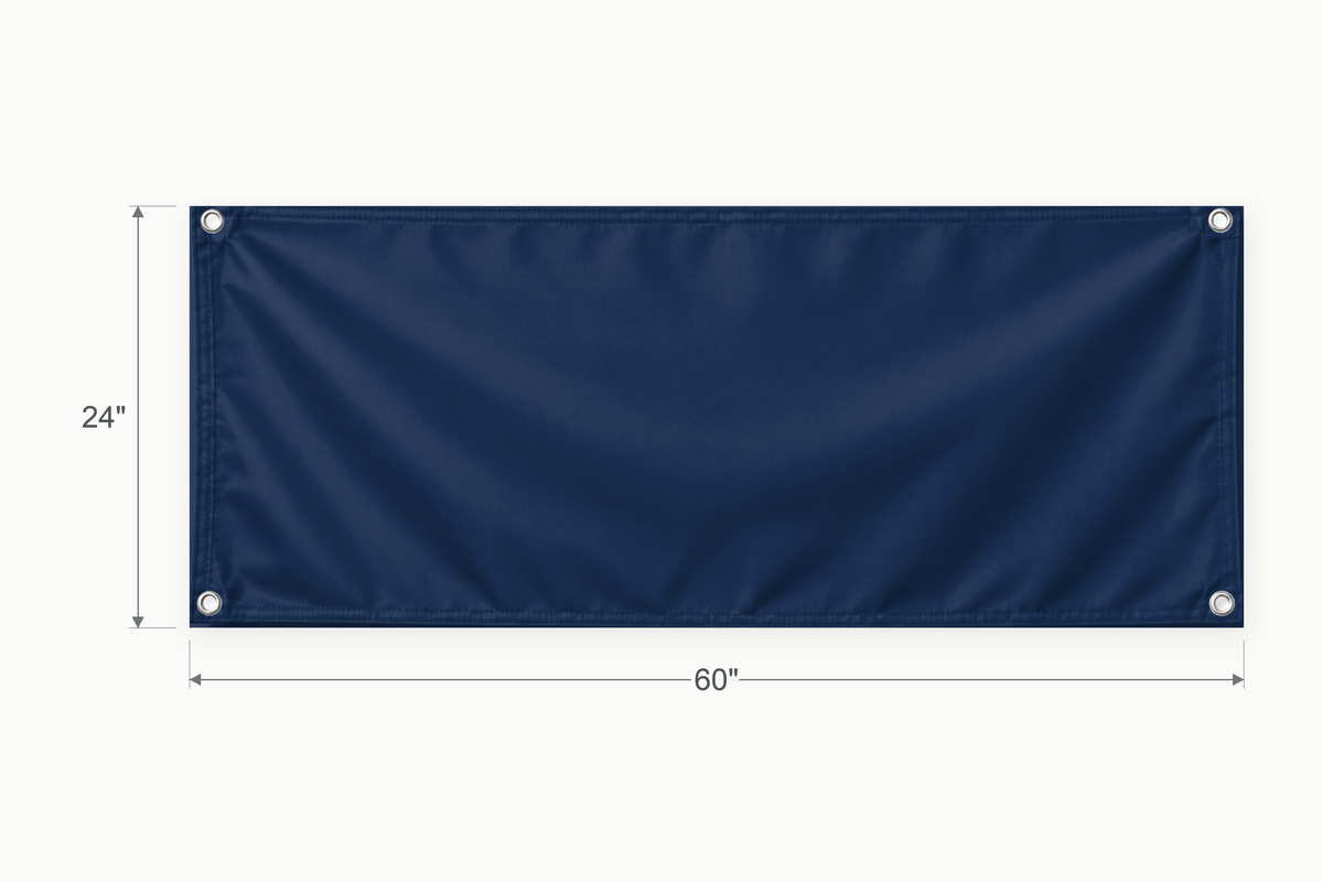 Navy fabric banner, 24 inches high by 60 inches wide, with labeled height and width measurement arrows.