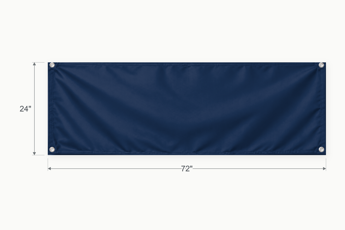 Navy fabric banner, 24 inches high by 72 inches wide, with labeled height and width measurement arrows.