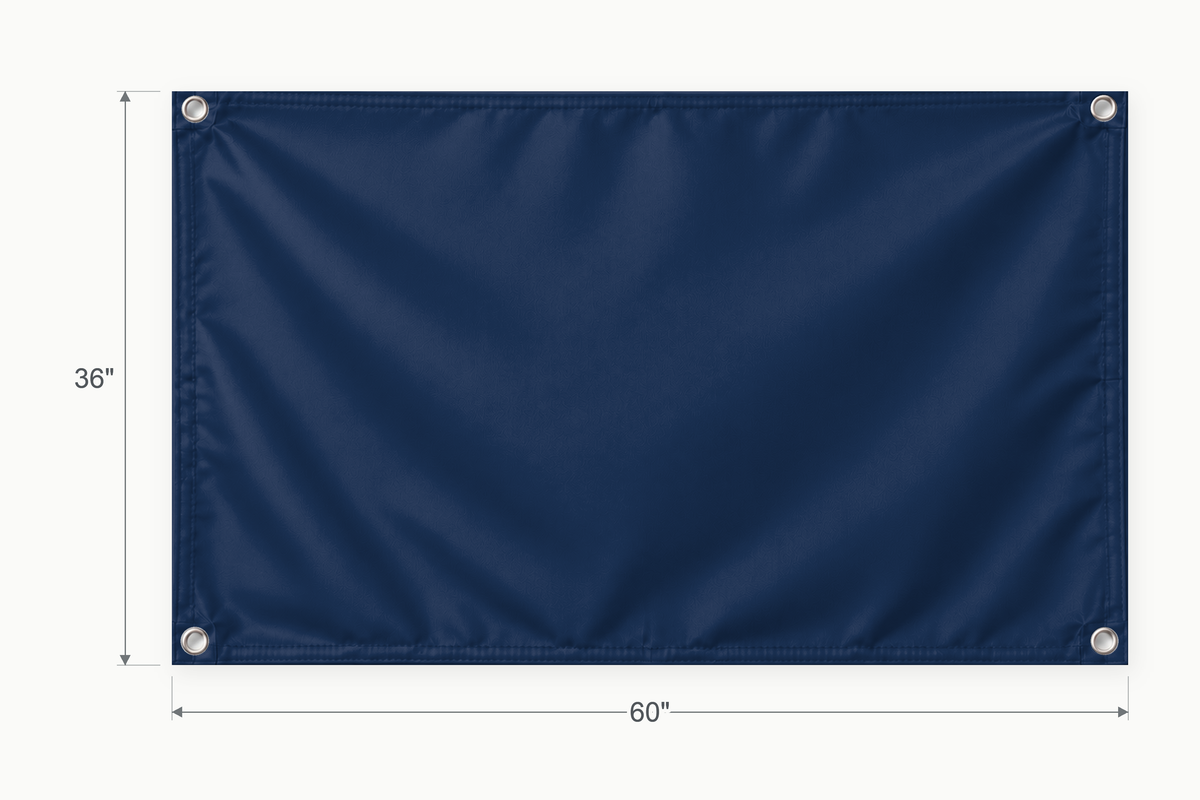 Navy fabric banner, 36 inches high by 60 inches wide, with labeled height and width measurement arrows.