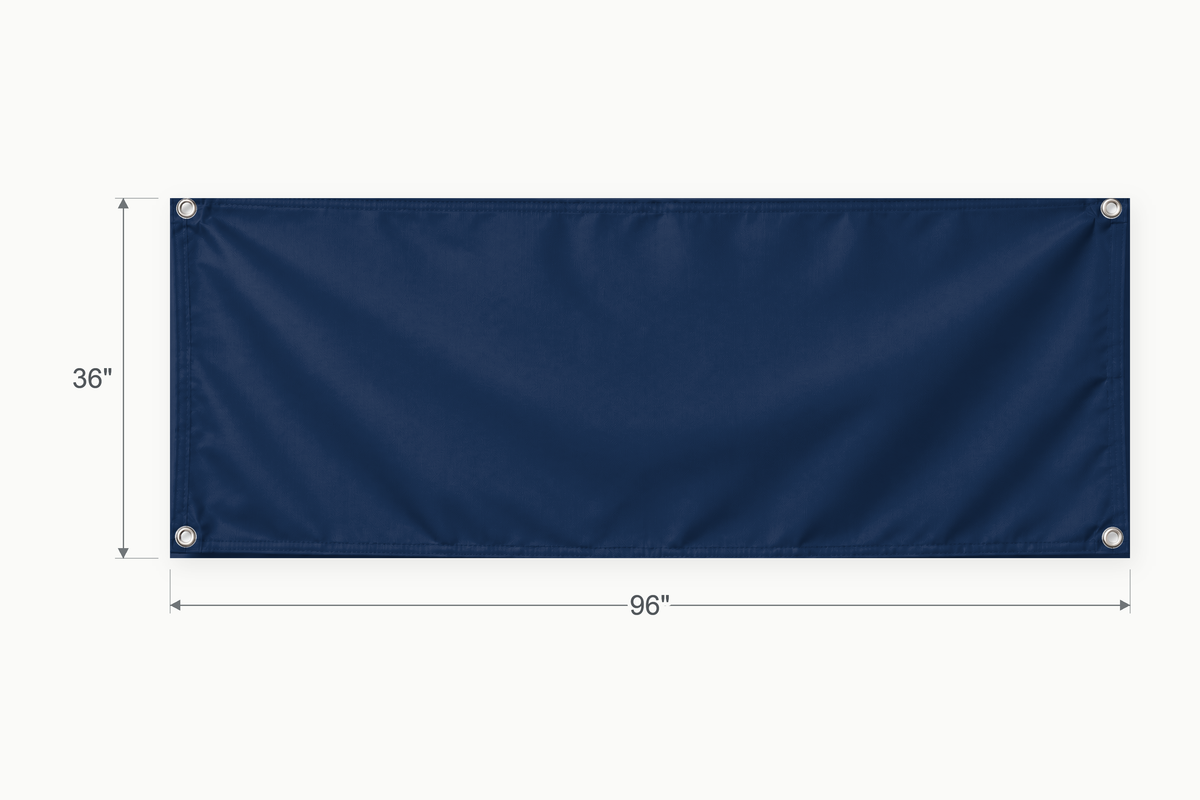 Navy fabric banner, 36 inches high by 96 inches wide, with labeled height and width measurement arrows.