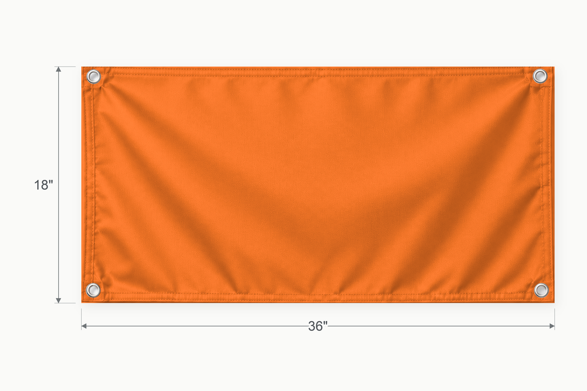 Orange fabric banner, 18 inches high by 36 inches wide, with labeled height and width measurement arrows.