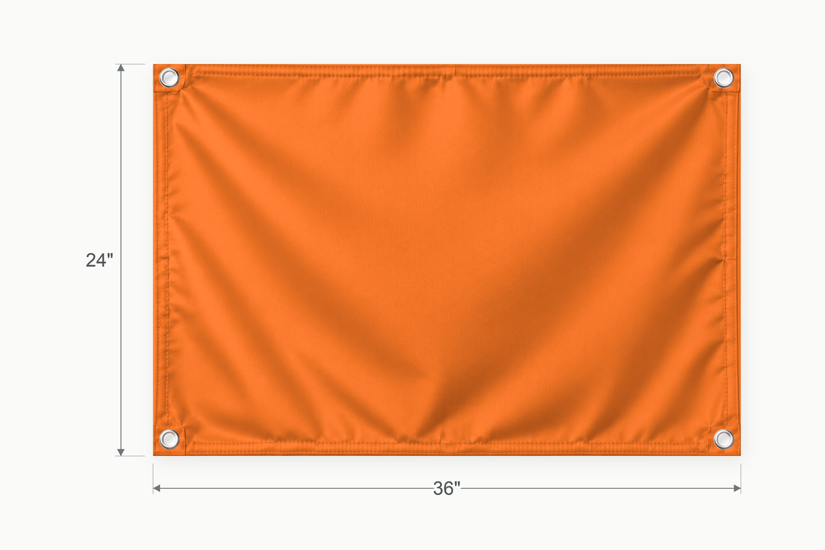 Orange fabric banner, 24 inches high by 36 inches wide, with labeled height and width measurement arrows.