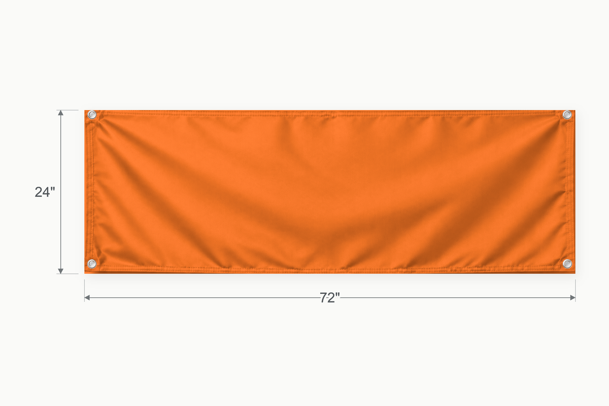 Orange fabric banner, 24 inches high by 72 inches wide, with labeled height and width measurement arrows.