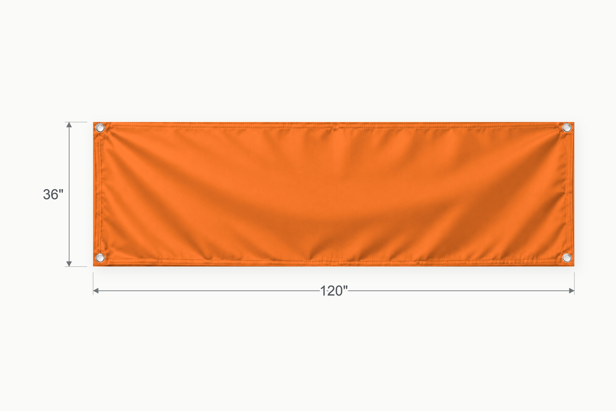 Orange fabric banner, 36 inches high by 120 inches wide, with labeled height and width measurement arrows.