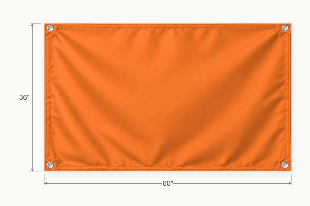 Orange fabric banner, 36 inches high by 60 inches wide, with labeled height and width measurement arrows.