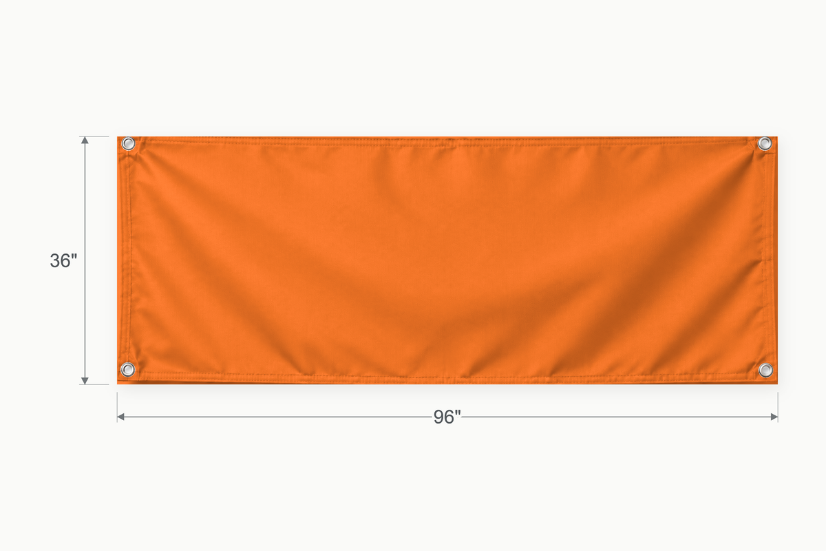 Orange fabric banner, 36 inches high by 96 inches wide, with labeled height and width measurement arrows.