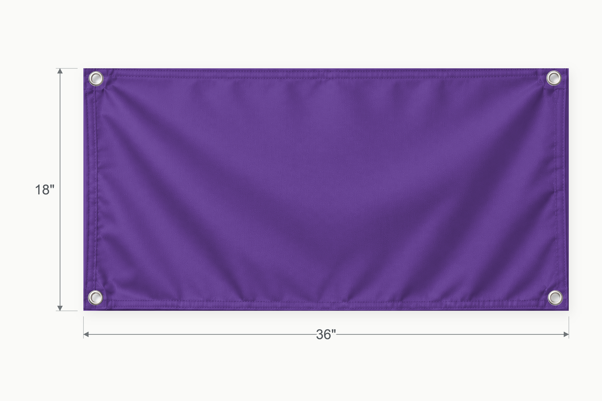 Purple fabric banner, 18 inches high by 36 inches wide, with labeled height and width measurement arrows.