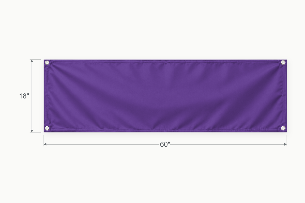 Purple fabric banner, 18 inches high by 60 inches wide, with labeled height and width measurement arrows.