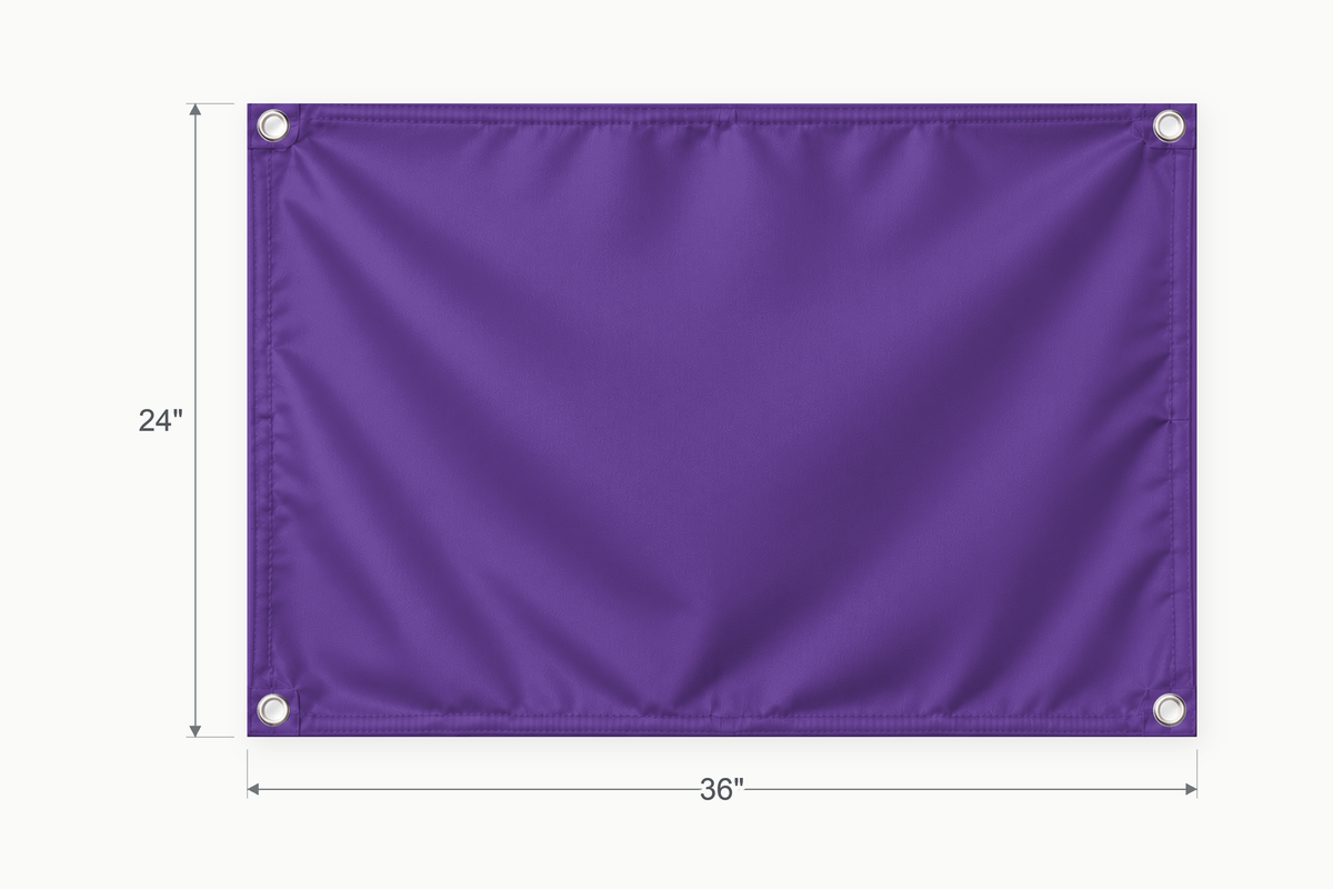 Purple fabric banner, 24 inches high by 36 inches wide, with labeled height and width measurement arrows.