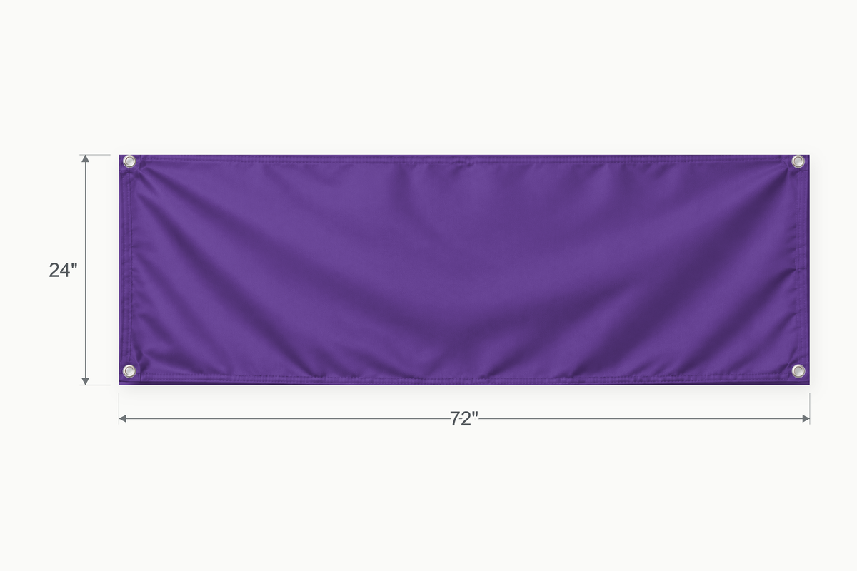 Purple fabric banner, 24 inches high by 72 inches wide, with labeled height and width measurement arrows.